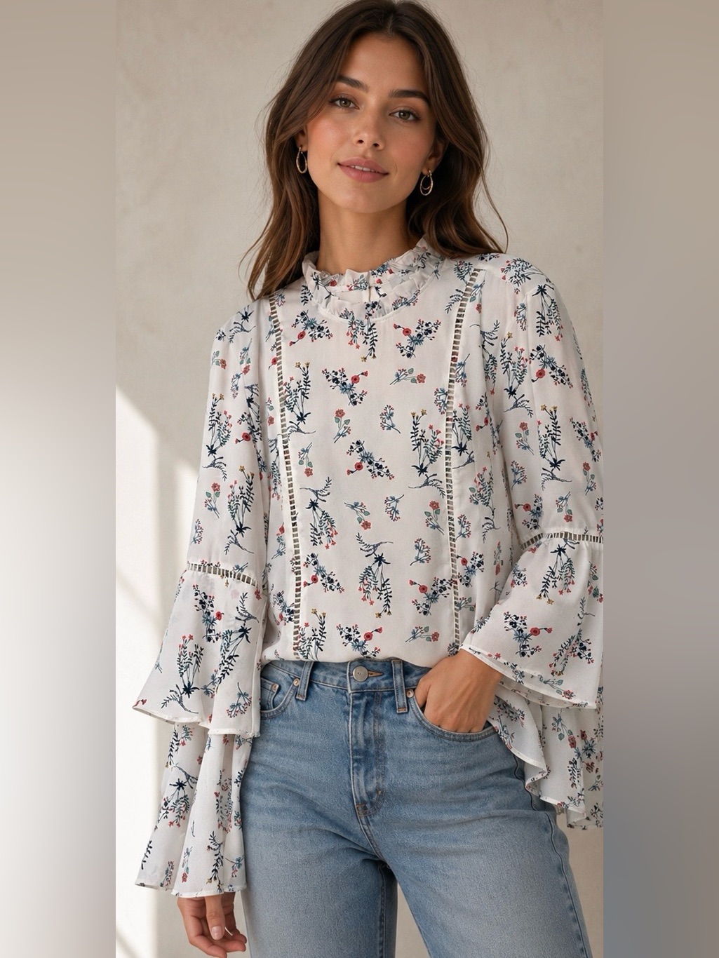 Wayf Feminine Floral Bell Sleeve Coquette Blouse Top Sz M